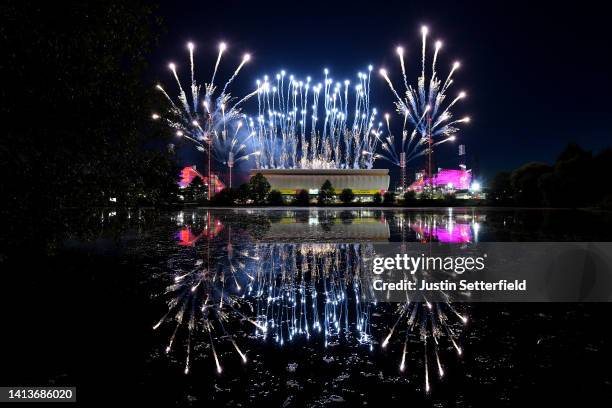 General view of fireworks during the Birmingham 2022 Commonwealth Games Closing Ceremony at Alexander Stadium on August 08, 2022 on the Birmingham,...