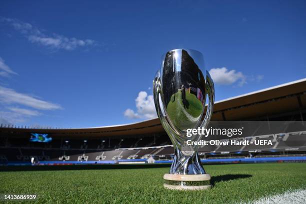 General view of the UEFA Super Cup Trophy seen on display inside the stadium during previews ahead of the UEFA Super Cup Final 2022 at on August 09,...