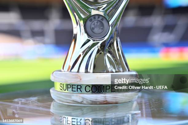 General view of the UEFA Super Cup Trophy seen on display inside the stadium during previews ahead of the UEFA Super Cup Final 2022 at on August 09,...