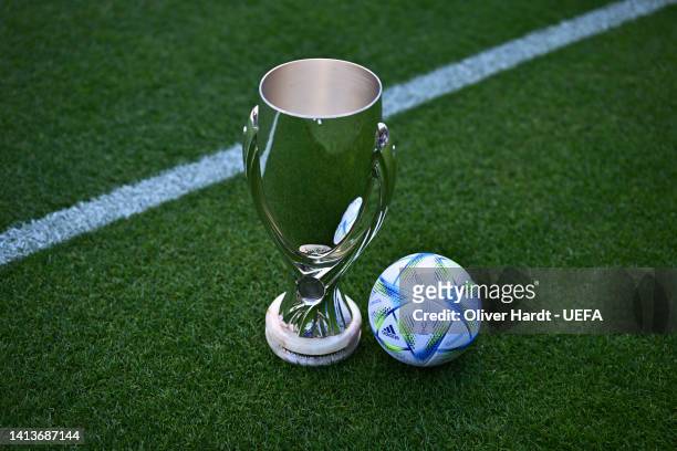 General view of the UEFA Super Cup Trophy with the offical matchball seen on display inside the stadium during previews ahead of the UEFA Super Cup...