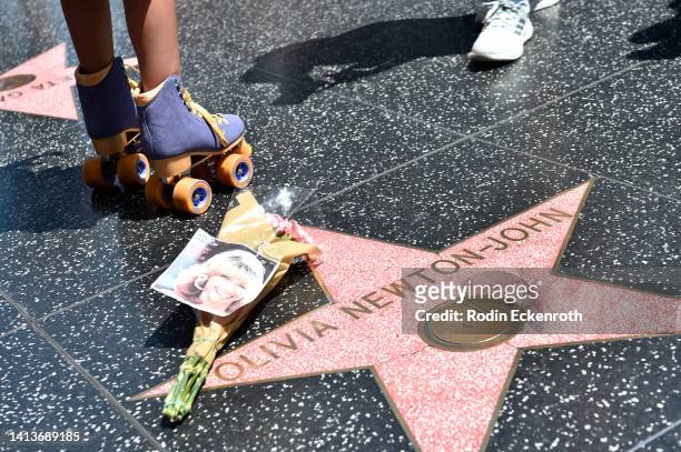 Flowers are placed on Olivia Newton-John's Hollywood Walk of Fame star on August 08, 2022 in Hollywood, California.