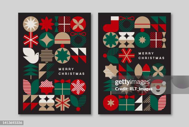 holiday greeting card design template with mid-century modern graphics — aster system - christmas decorations stock illustrations