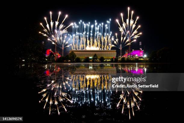 General view of fireworks during the Birmingham 2022 Commonwealth Games Closing Ceremony at Alexander Stadium on August 08, 2022 on the Birmingham,...