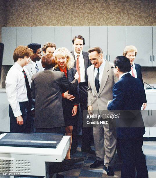 Episode 6 -- Pictured: Mike Myers as coworker, Chris Rock as coworker, Julia Sweeney as Pam, Victoria Jackson as coworker, Kevin Nealon as coworker,...