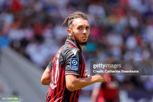 Amine Gouiri of OGC Nice looks on during the Ligue 1 match between Toulouse FC and OGC Nice at Stadium on August 7, 2022 in Toulouse, France.