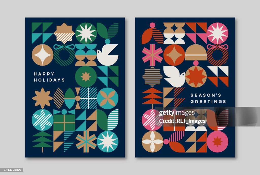 Modello di design per biglietti di auguri per le vacanze con grafica moderna della metà del secolo — Aster System