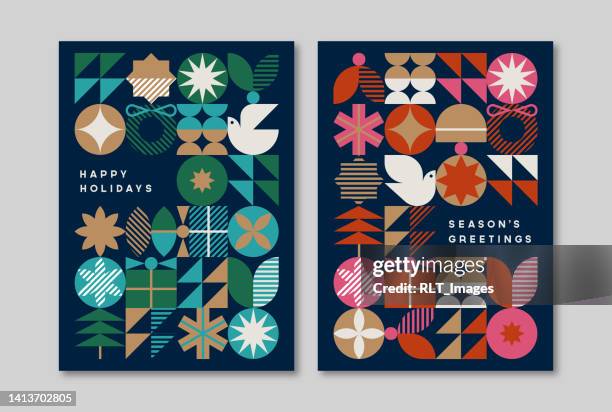 holiday greeting card design template with mid-century modern graphics — aster system - 賀卡 幅插畫檔、美工圖案、卡通及圖標