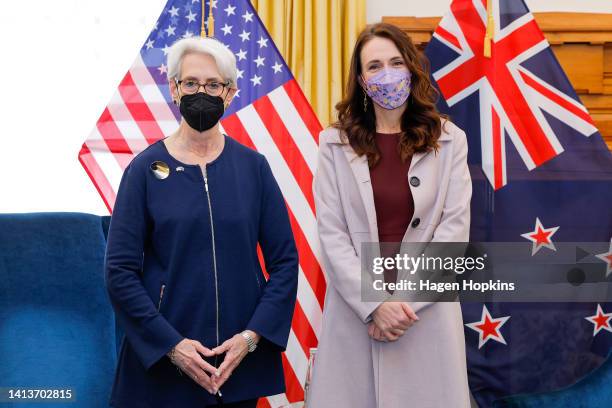 Deputy Secretary of State Wendy Sherman and New Zealand Prime Minister Jacinda Ardern pose during a meeting at Parliament on August 09, 2022 in...