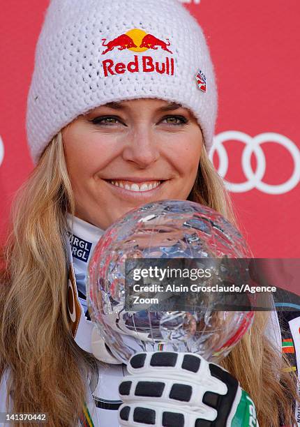Lindsey Vonn of the USA wins the Overall World Cup SuperG globe during the Audi FIS Alpine Ski World Cup Women's SuperG on March 15, 2012 in...