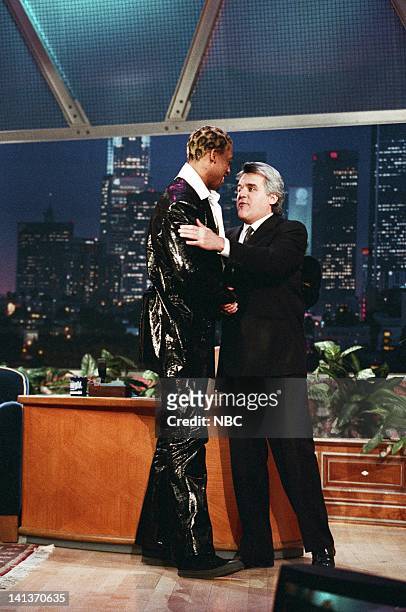 Episode 1314 -- Air Date -- Pictured: Professional basketball player Dennis Rodman with host Jay Leno on February 5, 1998 -- Photo by: Margaret C....