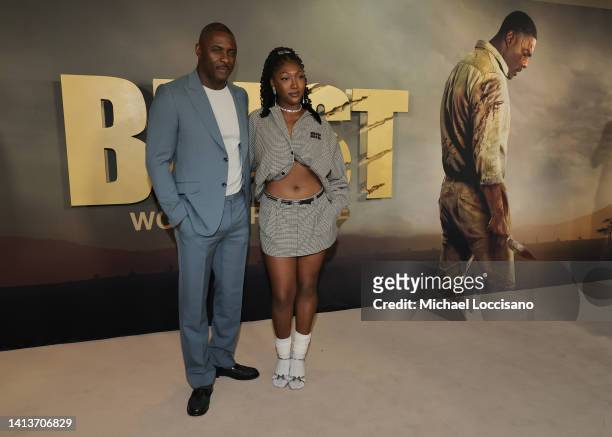 Idris Elba and Isan Elba attend the "Beast" World Premiere at Museum of Modern Art on August 08, 2022 in New York City.