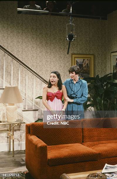 Episode 14 -- Pictured: Julia Louis-Dreyfus as Cindy Laboeuf, Mary Gross as mother during the 'Pimple' skit on February 26, 1983 -- Photo by: Alan...