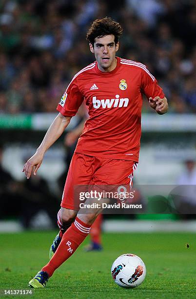 Kaka of Real Madrid CF runs with the ball during the La Liga match between Real Betis Balompie and Real Madrid CF at Estadio Benito Villamarin on...