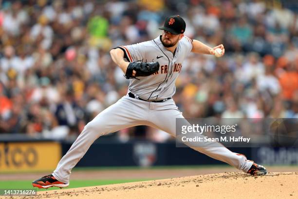 Alex Wood of the San Francisco Giants pitches during the first inning of a game against the San Diego Padres at PETCO Park on August 08, 2022 in San...