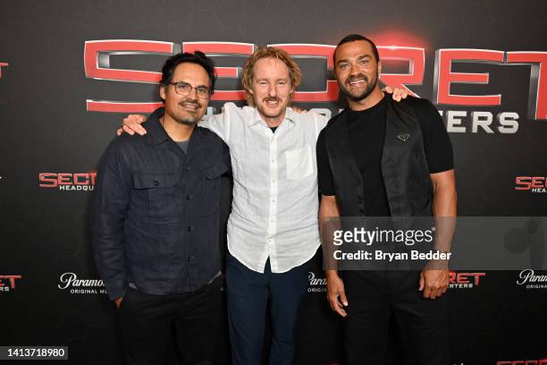Actors Michael Peña, Owen Wilson and Jesse Williams attend the Paramount+ 'Secret Headquarters' premiere at Signature Theater on August 08, 2022 in...