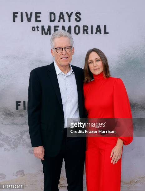 Carlton Cuse and Vera Farmiga attends the Apple TV+ limited series "Five Days At Memorial" red carpet event at Directors Guild Of America on August...