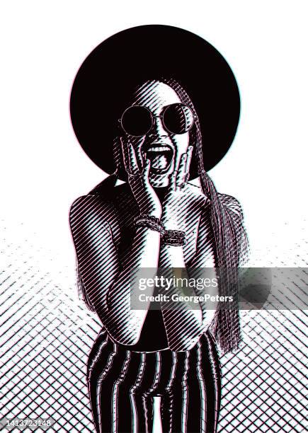 ecstatic young woman with glitch technique - 3d modelling stock illustrations