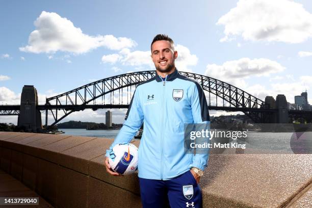 Robert Mak poses during a Sydney FC player announcement at Sydney Opera House on August 09, 2022 in Sydney, Australia.