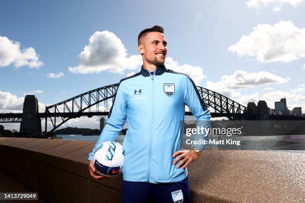 Robert Mak poses during a Sydney FC player announcement at Sydney Opera House on August 09, 2022 in Sydney, Australia.