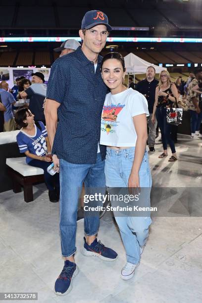 Mila Kunis and Ashton Kutcher attend Ping Pong 4 Purpose at Dodger Stadium presented by Skechers and UCLA Health on August 08, 2022 in Los Angeles,...