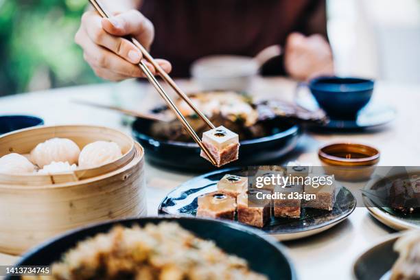 cropped shot of young asian woman enjoying assorted freshly served delicate dim sum and dishes with chopsticks in a chinese restaurant. traditional chinese culture. yumcha. eating out lifestyle - chinese dumpling foto e immagini stock