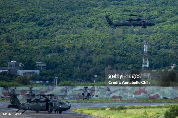 Taiwanese military UH-60 black hawk helicopter takes off during a live-fire drill on August 09, 2022 in Pingtung, Taiwan. Taiwan's military held a...