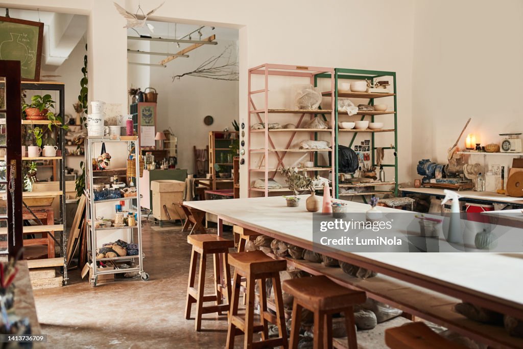 Interior Of Modern Pottery Studio Or Creative Workshop Space Filled ...