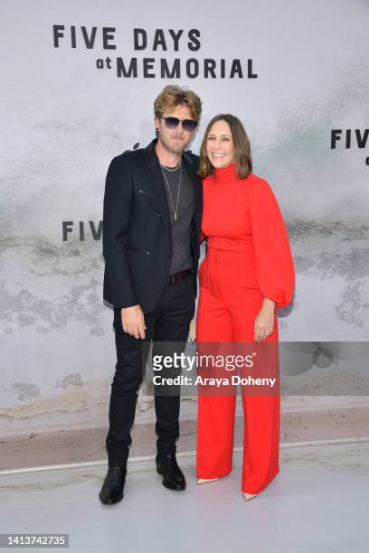 Renn Hawkey and Vera Farmiga attend the Apple TV+ Limited Series "Five Days At Memorial" red carpet event at Directors Guild Of America on August 08,...