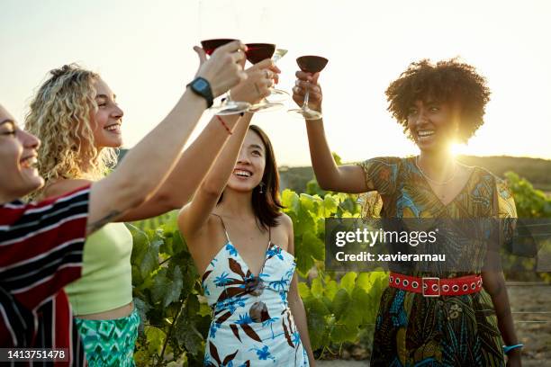 feierlicher toast in der weinregion penedès südlich von barcelona - retreat women diverse stock-fotos und bilder