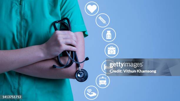 medicine doctor and stethoscope on modern virtual screen interface, medical technology and futuristic concept. - avoidance icon stock pictures, royalty-free photos & images