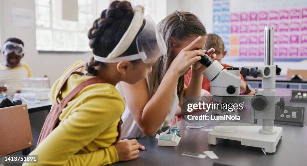 junge, naturwissenschaftliche schüler, die zusammen mit einem mikroskop in einem schullabor lernen. eine gruppe von kindern, die daten für ein teamwork-forschungsprojekt sammeln. intelligente kinderwissenschaftler, die in einem labor studieren. - science lab school stock-fotos und bilder