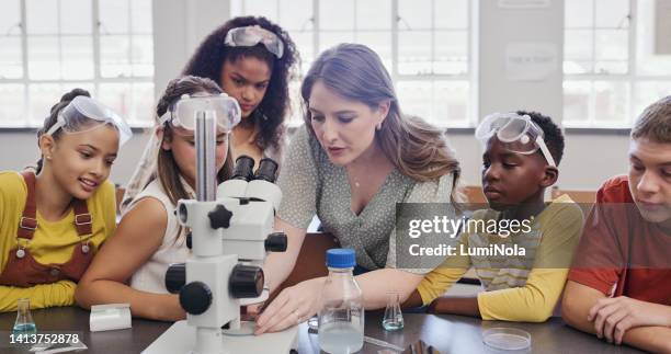 lehrerin für naturwissenschaften, die einem klassenzimmer junger schüler erklärt. jungen und mädchen, die in der schule ein experiment mit aufsicht von erwachsenen durchführen und substanzen unter dem mikroskop untersuchen - mint stock-fotos und bilder