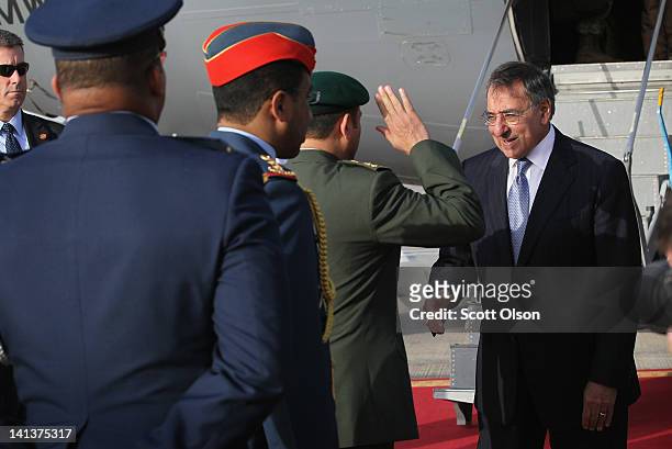 Secretary of Defense Leon Panetta is greeted at the airport upon his arrival on March 15, 2012 in Abu Dhabi, United Arab Emirates.The UAE is...