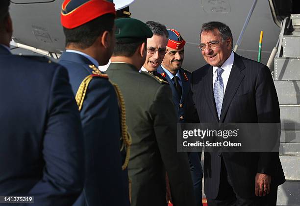 Secretary of Defense Leon Panetta is greeted at the airport upon his arrival on March 15, 2012 in Abu Dhabi, United Arab Emirates.The UAE is...