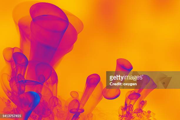 abstract transparent neon amoeba mushroom shapes isolated on yellow color background - magenta stock-fotos und bilder