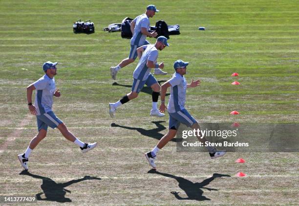 England Lions players warm up prior to the tour match between England Lions and South Africa at The Spitfire Ground on August 09, 2022 in Canterbury,...