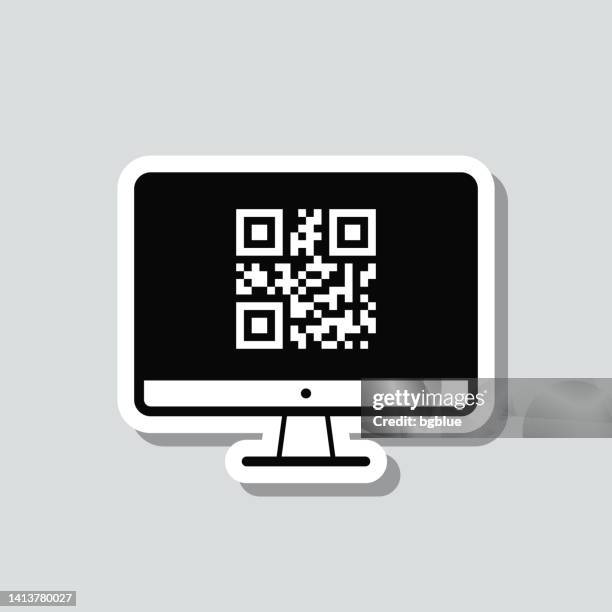desktop computer with qr code. icon sticker on gray background - desktop scanner stock illustrations