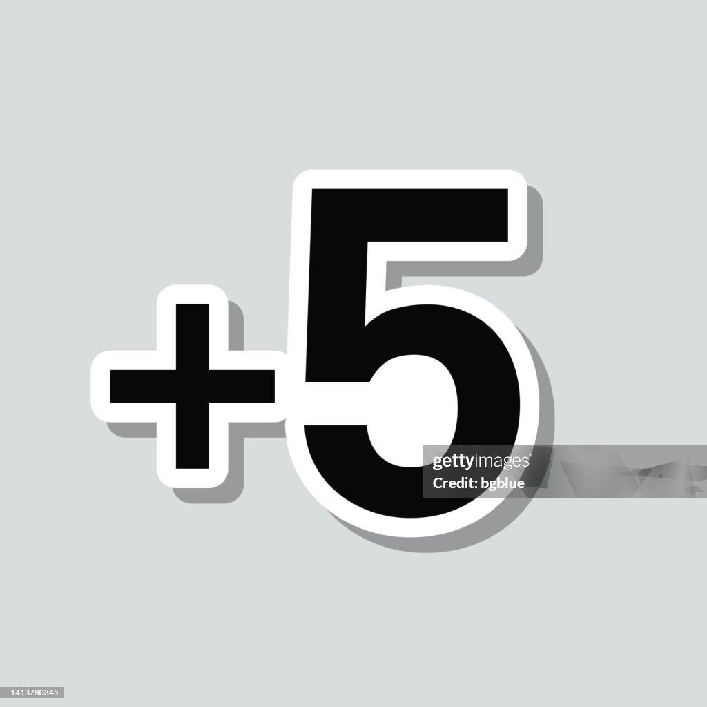 +5, Plus five. Icon sticker on gray background