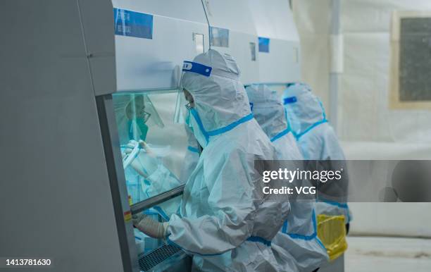 Medical workers work on the swab samples in an inflatable laboratory, which is set up to serve the COVID-19 nucleic acid tests, at Hainan...