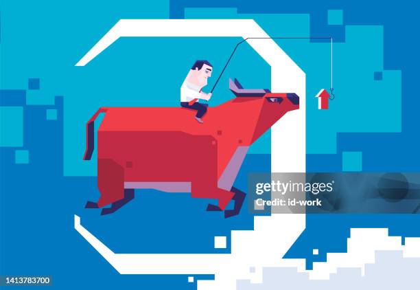 businessman riding bull and jumping over crescent moon - one man only stock illustrations stock illustrations