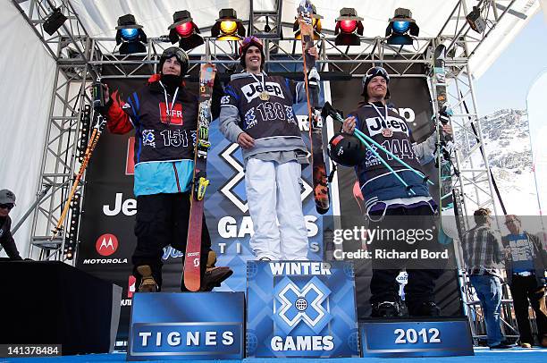 Silver medalist Tom Wallisch of the USA, Gold medalist Bobby Brown of the USA and Bronze medalist Andreas Hatveit of Norway stand on the podium...