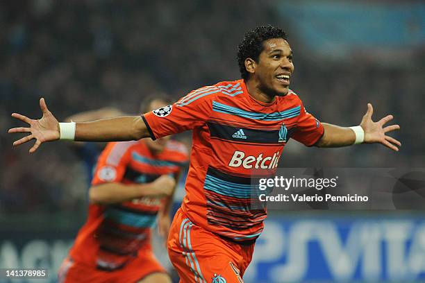 Brandao of Olympique de Marseille celebrates his goal during the UEFA Champions League Round of 16 second leg match between FC Internazionale Milano...