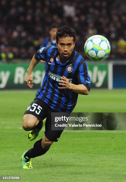 Yuto Nagatomo of FC Internazionale Milano in action during the UEFA Champions League Round of 16 second leg match between FC Internazionale Milano...
