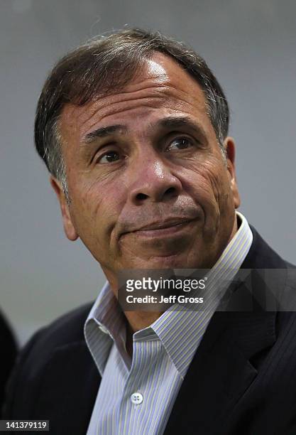 Los Angeles Galaxy head coach Bruce Arena looks on prior to the start of the CONCACAF Champions League game against Toronto FC at The Home Depot...