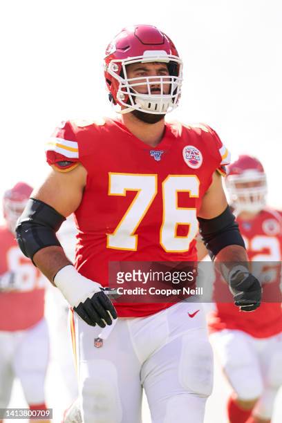 Laurent Duvernay-Tardif of the Kansas City Chiefs takes the field before an NFL football game against the Houston Texans in Kansas City, Mo., Sunday,...