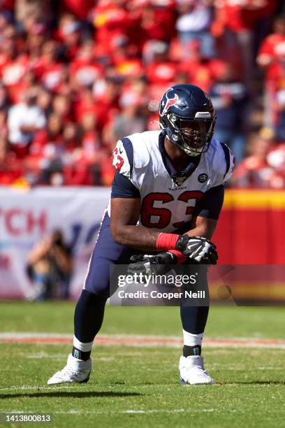 Roderick Johnson of the Houston Texans blocks during an NFL football game against the Kansas City Chiefs in Kansas City, Mo., Sunday, Oct. 13, 2019.