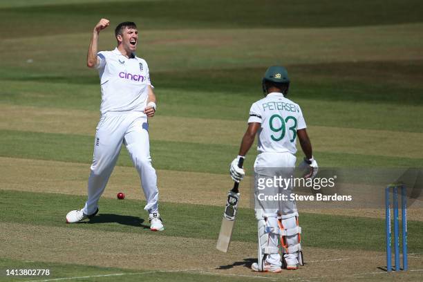 Craig Overton of England Lions celebrates taking the wicket of Keegan Petersen of South Africa lbw during the tour match between England Lions and...