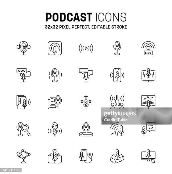 podcast-symbol-set. bearbeitbares strich-podcast-liniensymbol. radiosender-icon-, rundfunk- und podcasting-symbolsammlung - amplify logo stock-grafiken, -clipart, -cartoons und -symbole
