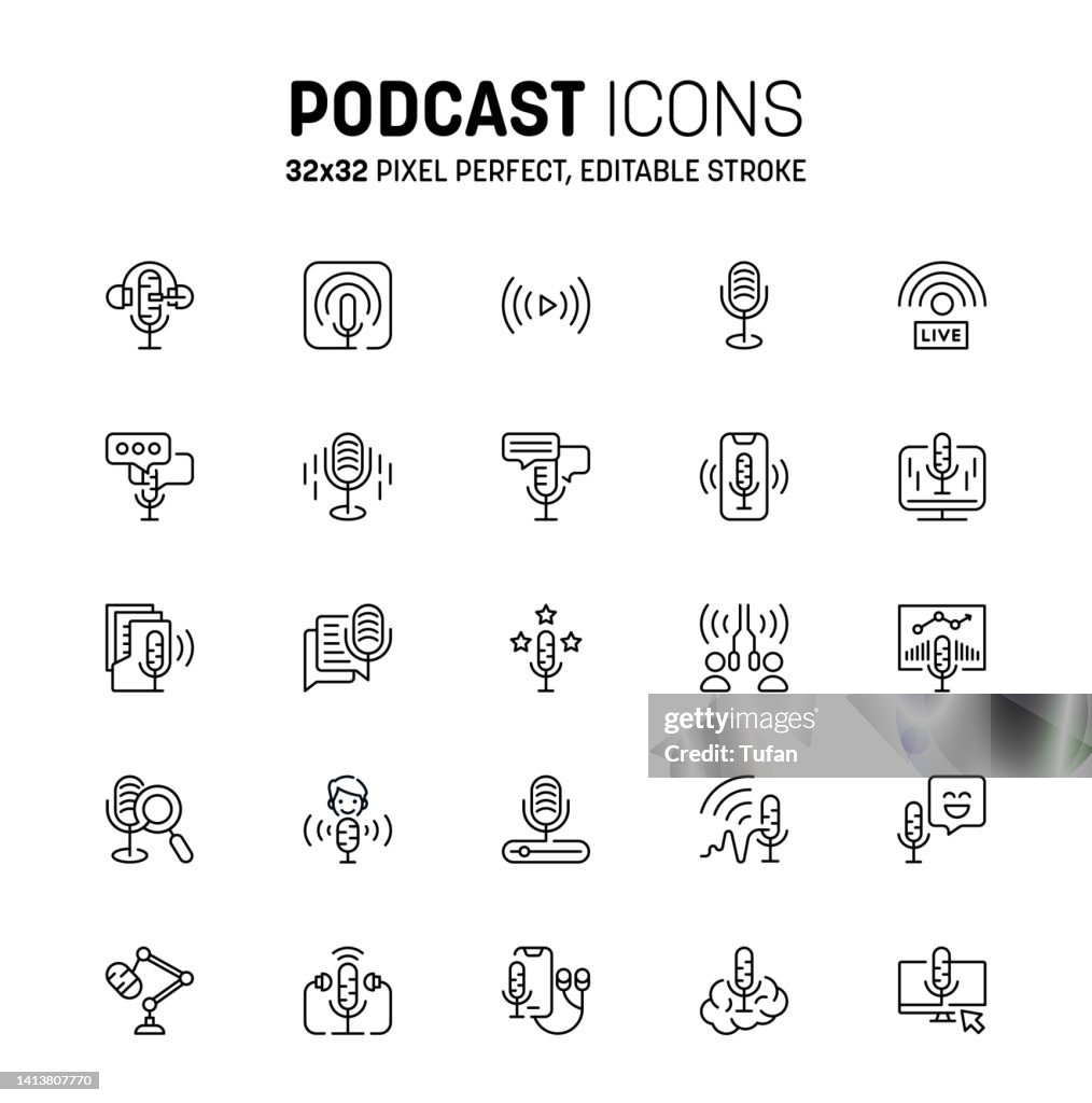 Podcast icon set. Editable stroke podcast line icon. Radio station icon, broadcasting and podcasting symbol collection