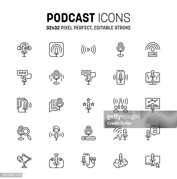 podcast icon set. editable stroke podcast line icon. radio station icon, broadcasting and podcasting symbol collection - podcasting vector stock illustrations